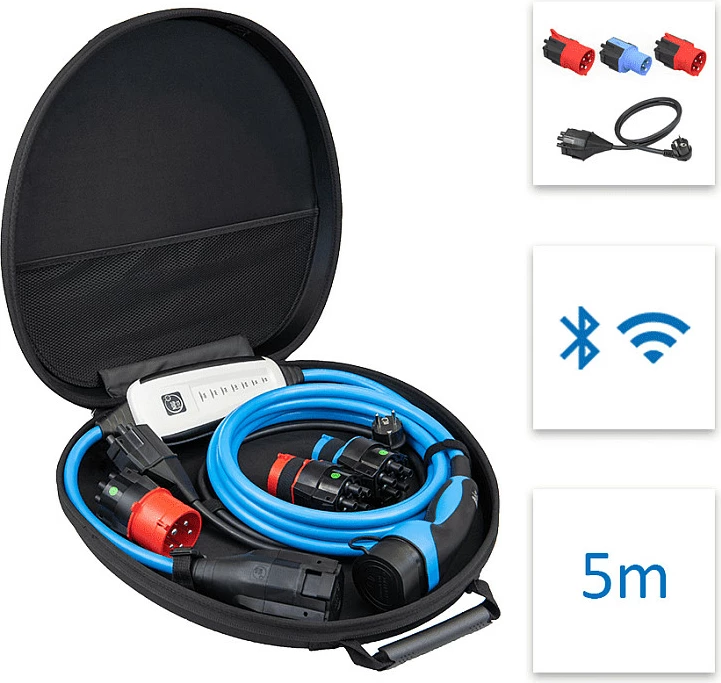 Karikues portativ për veturë elektrike NRGkick Set Optimal, Type 2, 22 kW, 32 A, 5 m, Wi‑Fi/Bluetooth, e zezë/blu/kuqe