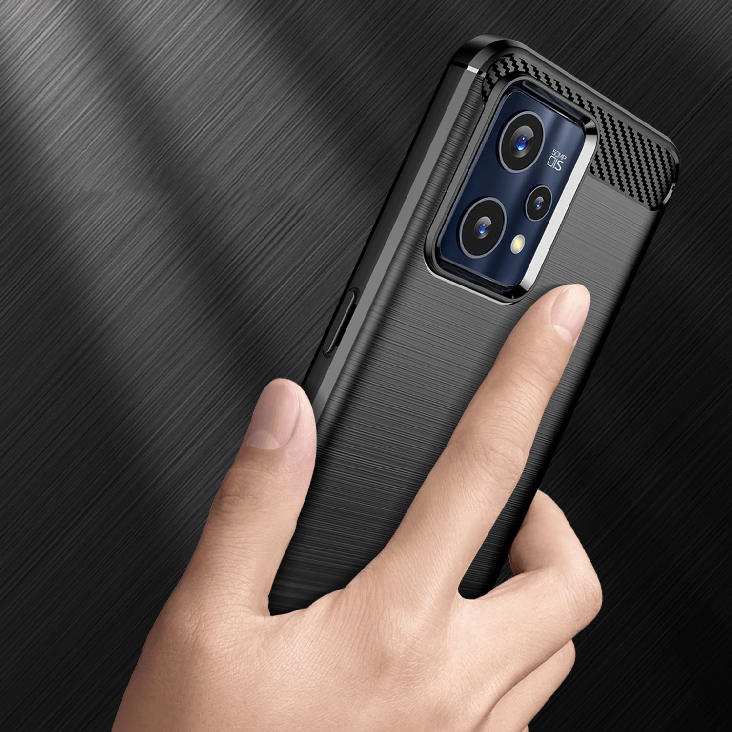 Mbështjellës Hurtel Carbon Case për Realme 9 Pro+, i zi