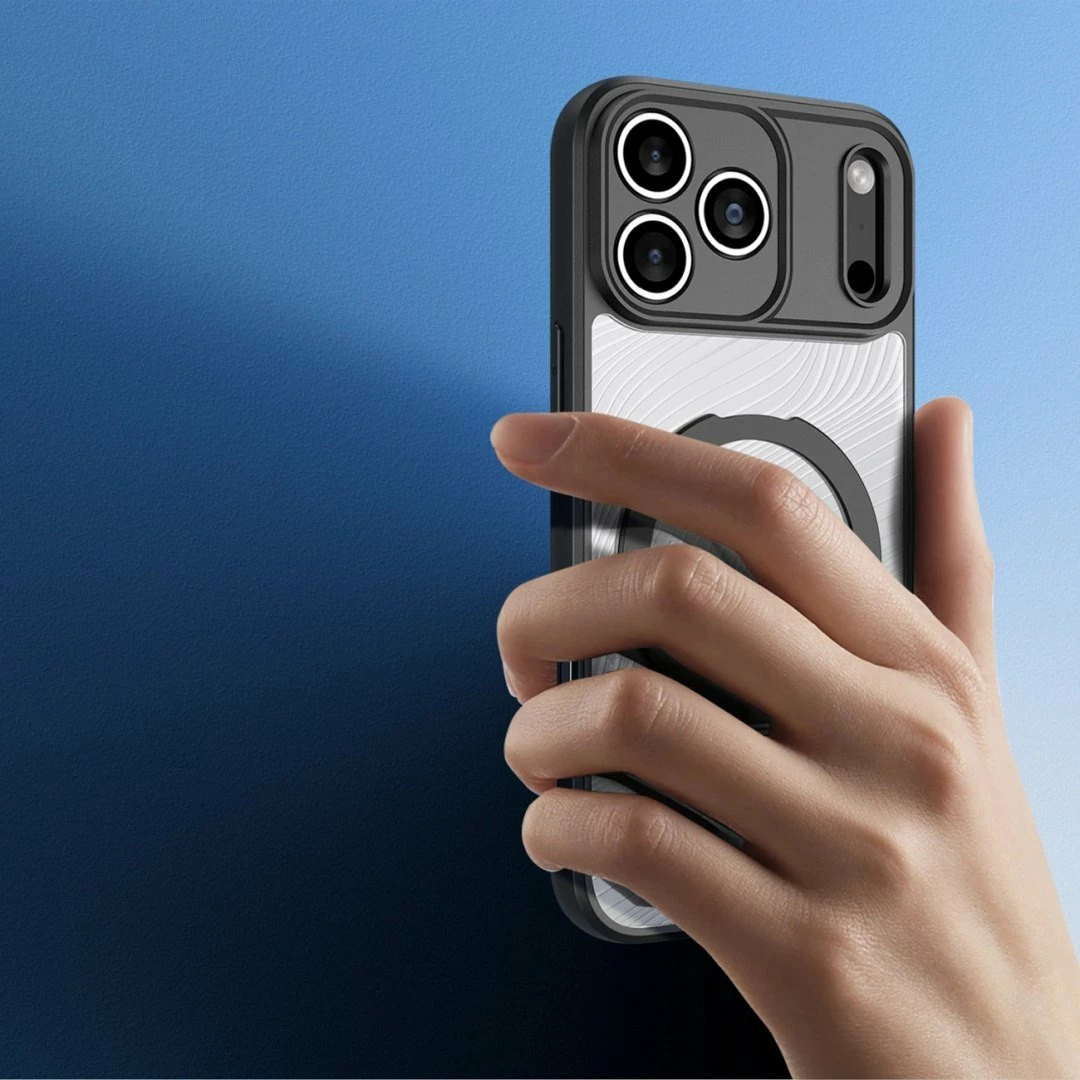 Mbështjellës DUXDUCIS Aimo Mag për iPhone 17 Pro, unazë magnetike me stand, karikim wireless, TPU/PC, i zi