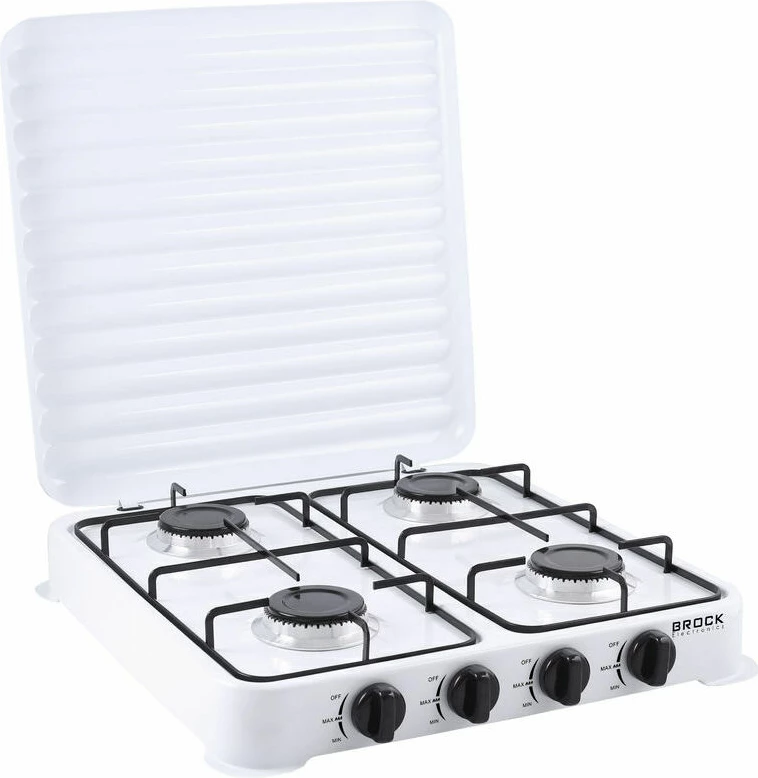Soba gazi portative Brock GS 004, 4 djegës gize, për G30/G31 (butan/propan), me kapak, e bardhë