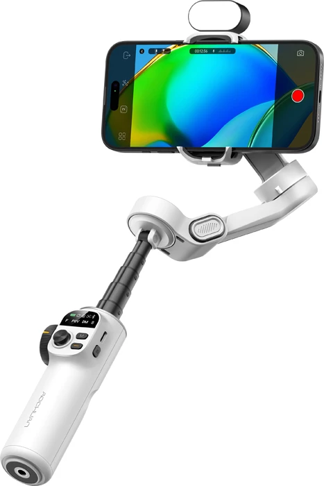 Stabilizator (gimbal) për celular AOCHUAN Smart X2, 3-aksësh, me ndriçim RGB 7 ngjyra, krah zgjatues 20 cm, me tripod + modul RGB, i bardhë