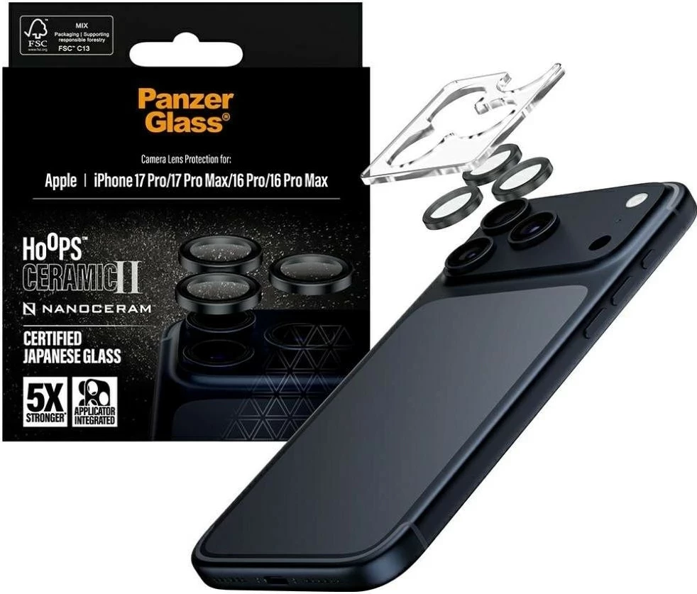 Mbështjellës kamerë PanzerGlass Hoops Ceramic II për iPhone 16 Pro/16 Pro Max/17 Pro/17 Pro Max, e zezë