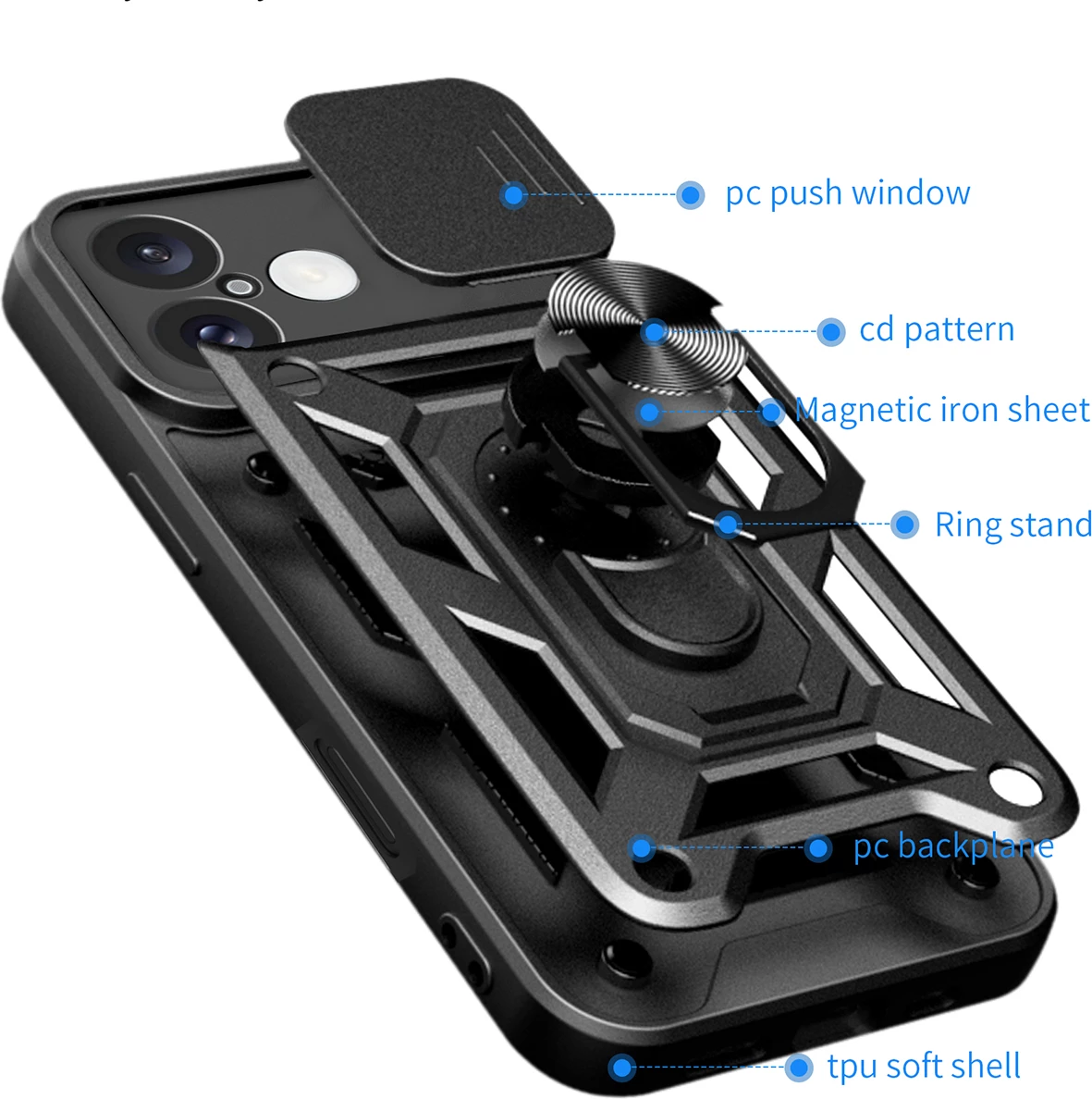 Mbështjellës Hurtel Hybrid Armor Camshield për iPhone 16 Plus, me kapak kamere dhe stand, i zi