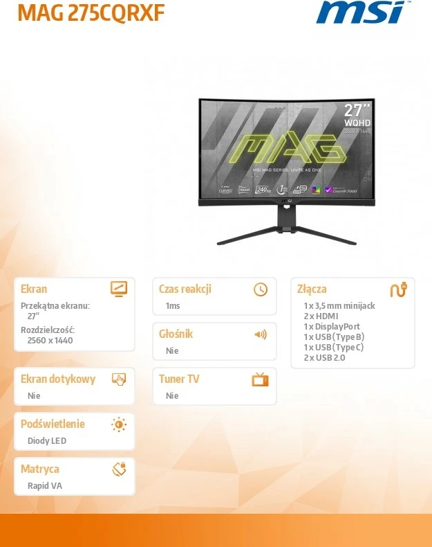 Monitor MSI MAG 275CQRXF 27" QHD i lakuar 240Hz HDR400 i zi