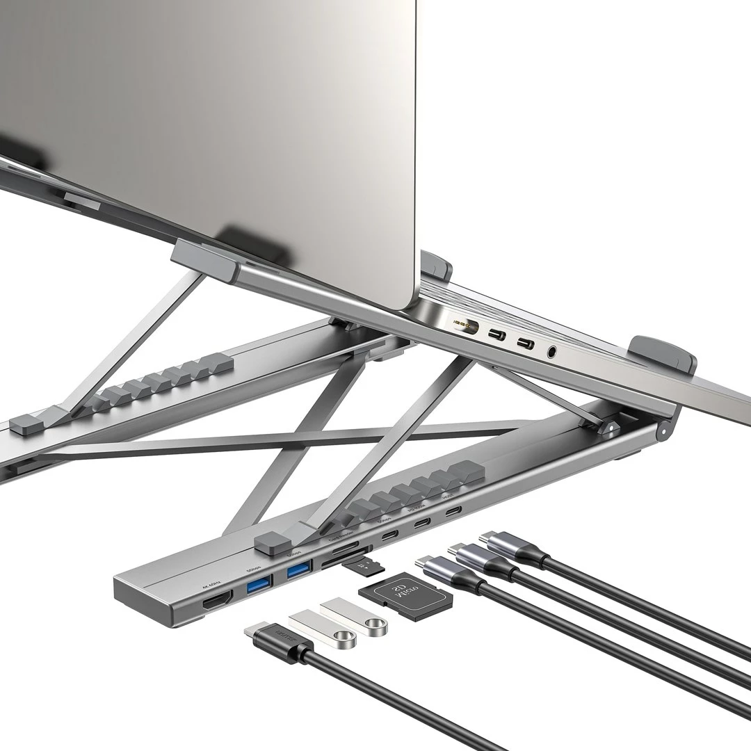 Qëndrim laptopi UNITEK D1137AGY01 me HUB, i rregullueshëm, argjend