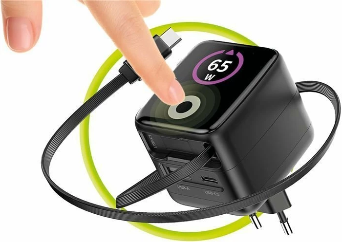 Karikues Mobile Origin PW3 (MO-65WDCH-PW3) 65W GaN, TFT display, 1x USB-A + 1x USB-C, kabllo USB-C e integrume, i zi