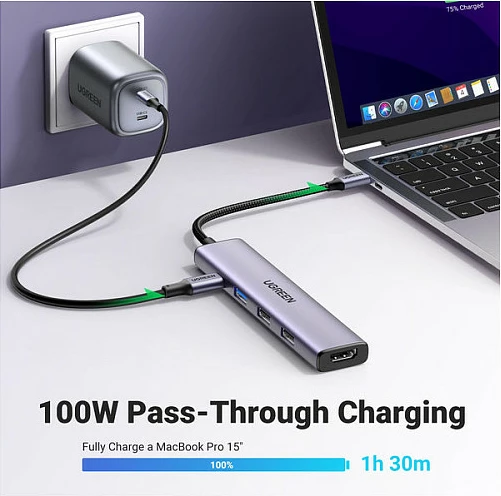 Hub USB-C UGREEN CM478 5-n-1, HDMI 4K, PD 100W, 3x USB-A, gri