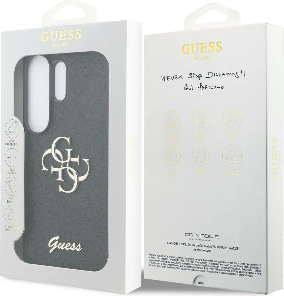 Mbështjellës Guess Fixed Glitter Big 4G për Samsung Galaxy S26 Ultra, hardcase TPU/PC, logo metalike, e zezë, në kuti