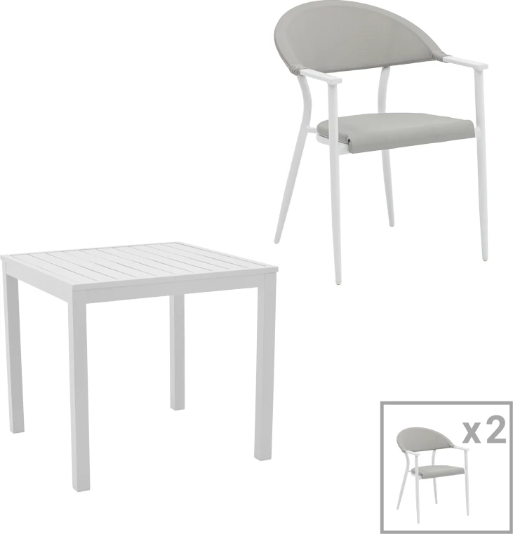 Set tavoline me karrige për terasë Kliton - Pino, alumin, ngjyrë e bardhë, 80x80x74cm, 3 copë
