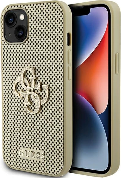 Mbështjellës Guess Perforated 4G Glitter për iPhone 15, ari