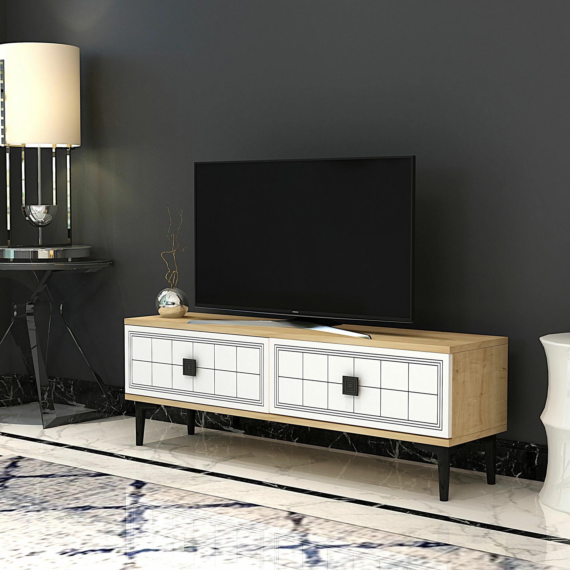 Komodë për TV Skye Decor, Yuka 120, ngjyrë lis safir, e bardhë