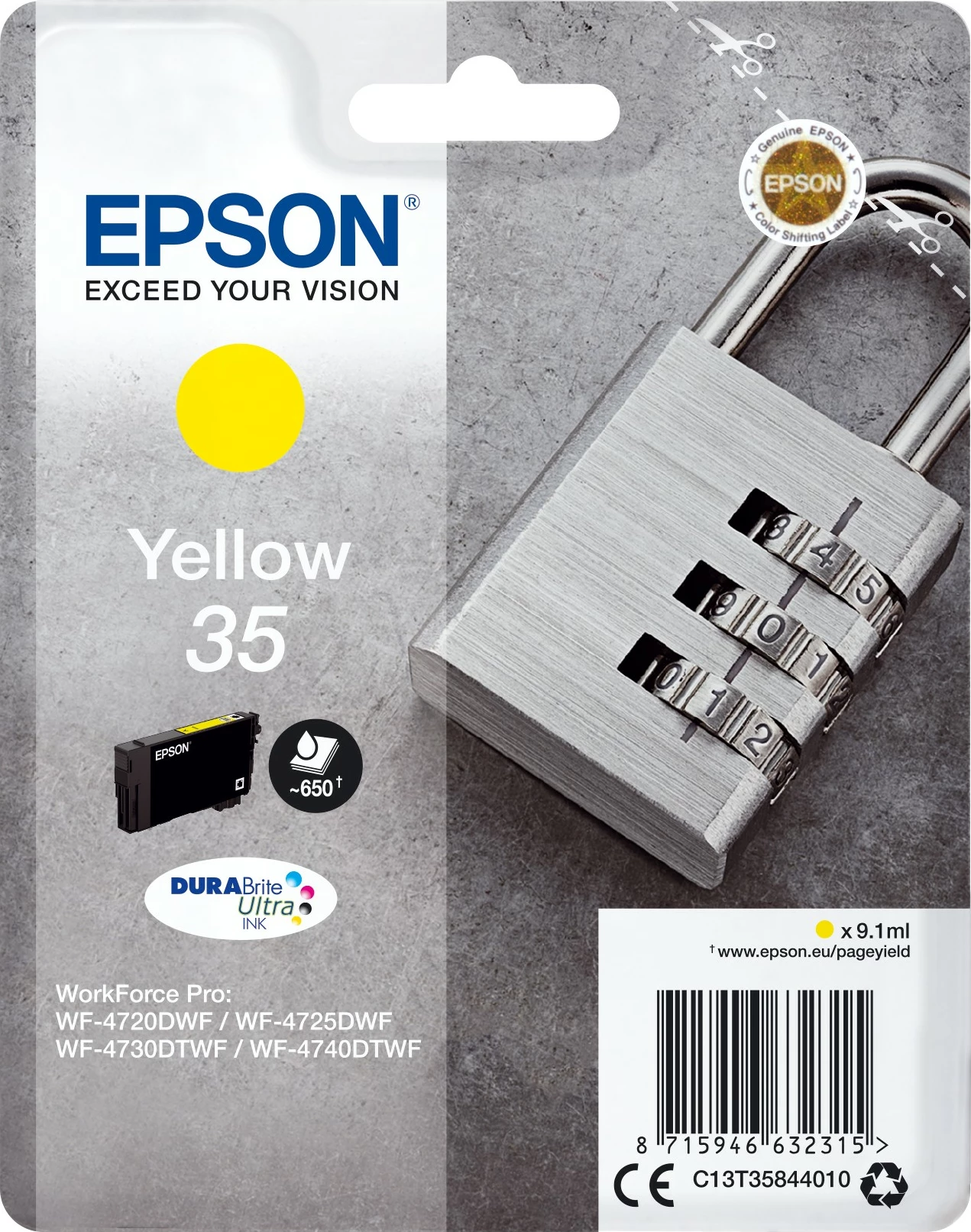 Toner Epson Padlock Singlepack Yellow 35 DURABrite Ultra, 9.1 ml, Verdhë