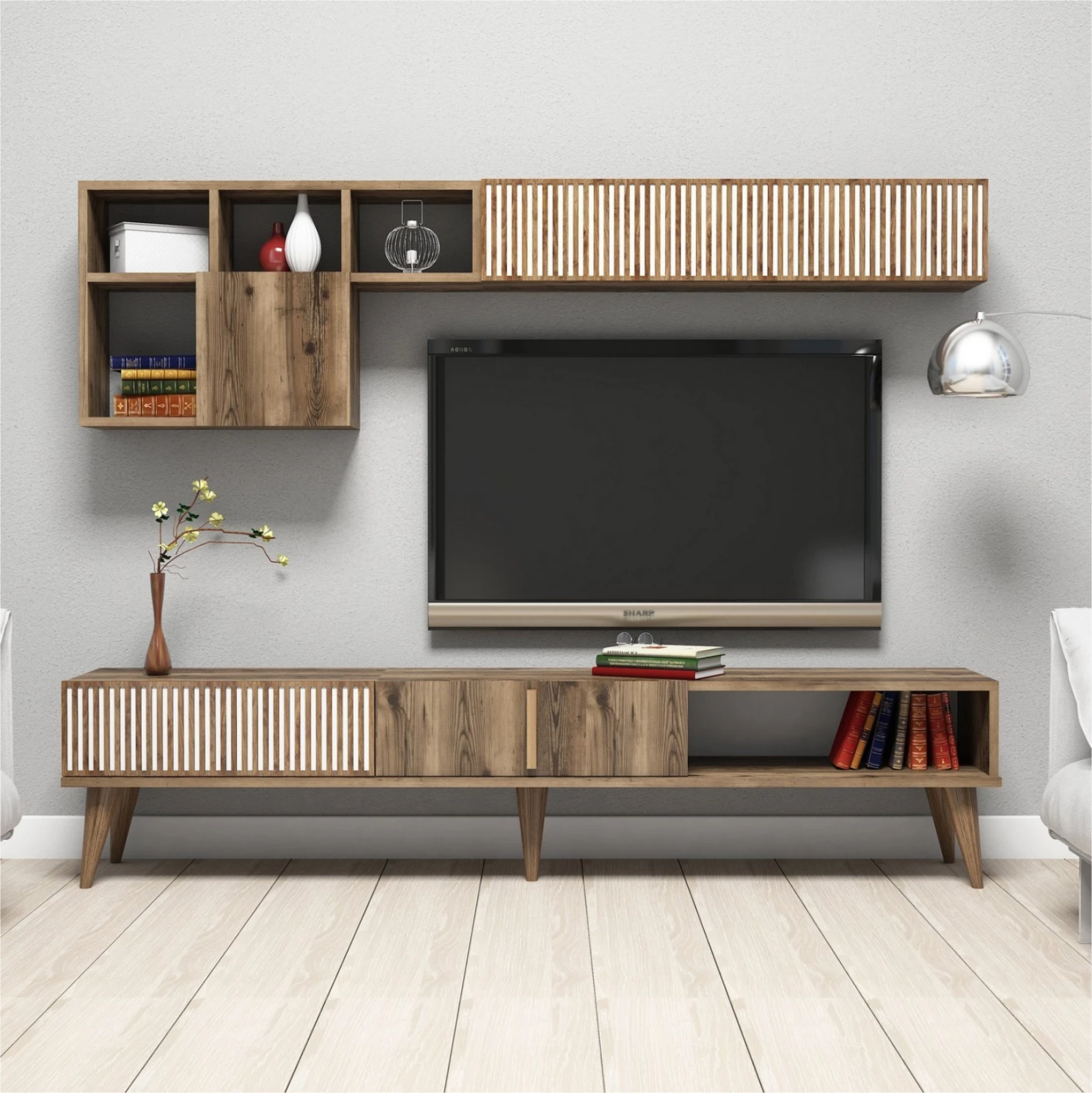 Set mobiljesh për TV, FH9438.02, melaminë, ngjyrë arre-bardhë, 180x35x40Hcm