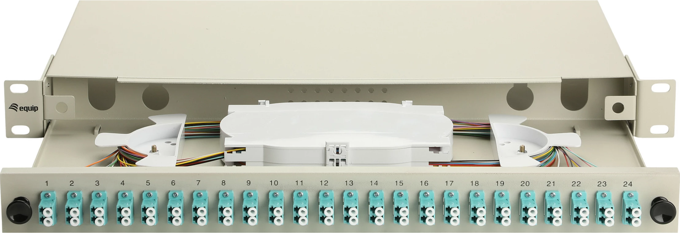 Kuti splice fiber optike Equip 337213, 24-Port, LC Duplex, OM3, 1U Rack, e hirtë