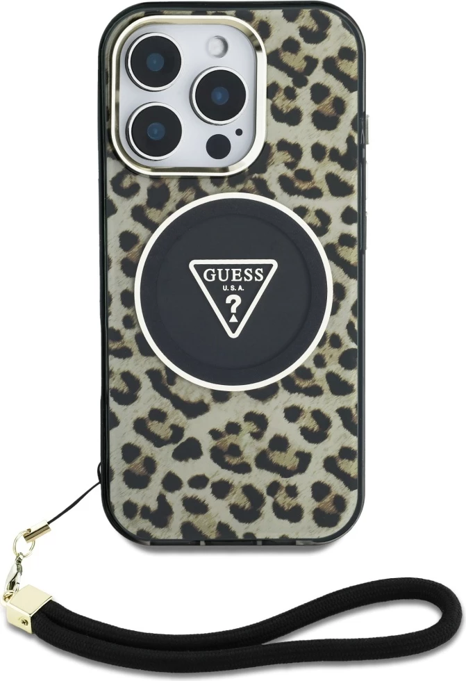 Mbështjellës Guess HC IML Leopard Triangle Cord Strap për iPhone 16 Pro Max, MagSafe, Kafe
