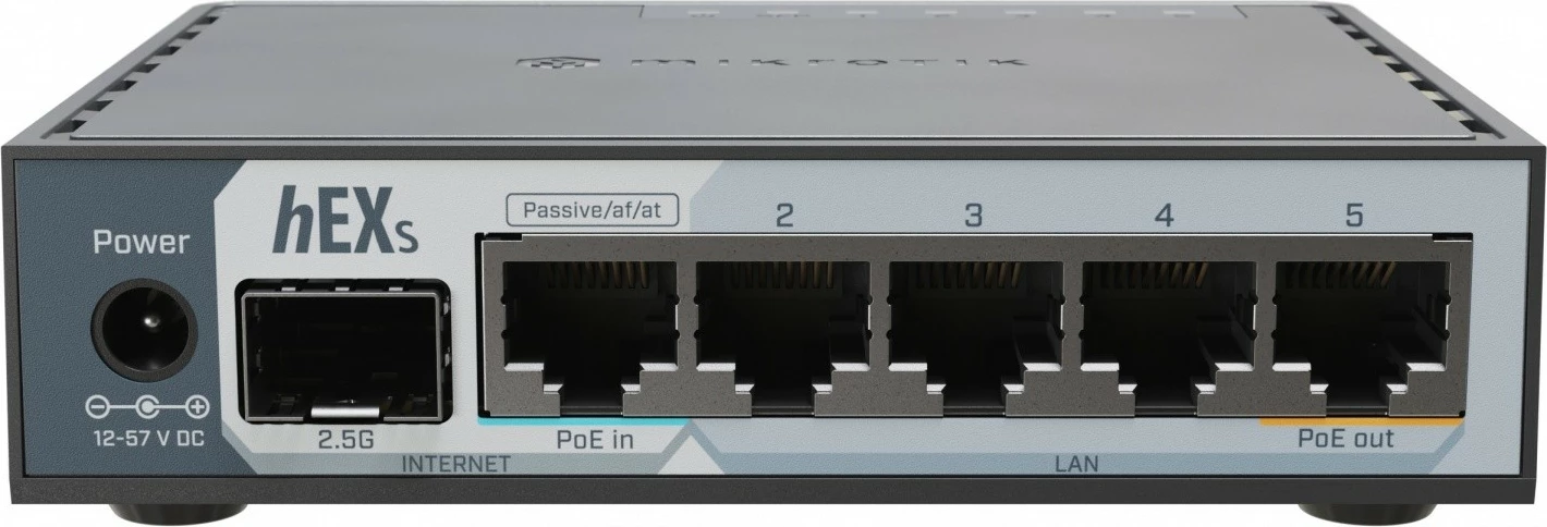 Router, MikroTik, hEX S E60iUGS, 5x Gigabit Ethernet me PoE-in/PoE-out, SFP 2.5G, gri
