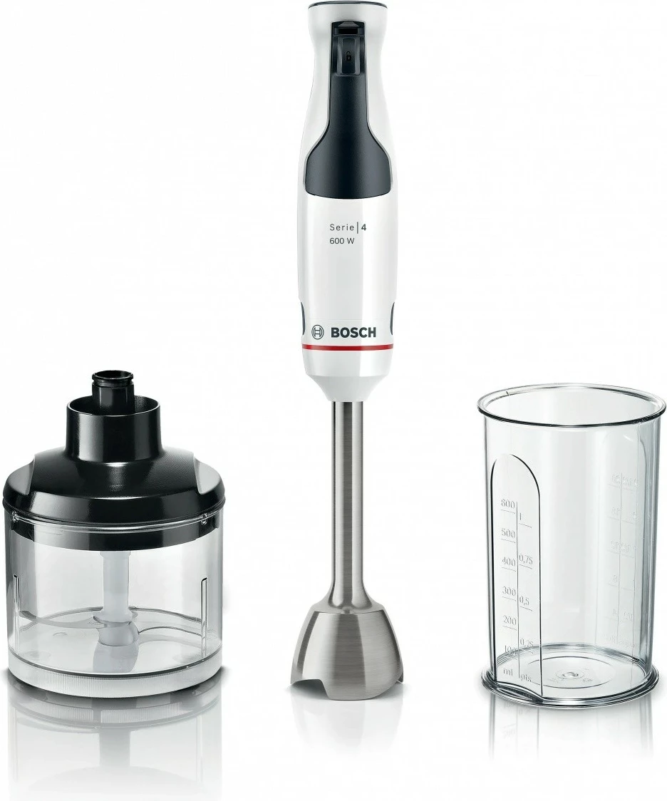 Blender dore, Bosch, MSM4W220, 600 W, rregullim i pandërprerë i shpejtësisë, gotë 0.6 L, trup çelik inox, e bardhë, set me grirës dhe gotë