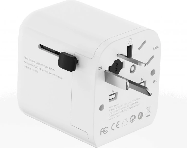 Adapter universal udhëtimi EU, Gembird, TPA-EU2A12-01-W, 12 W, 2x USB-A, soket Schuko, me priza US/UK/AU/CN, i bardhë