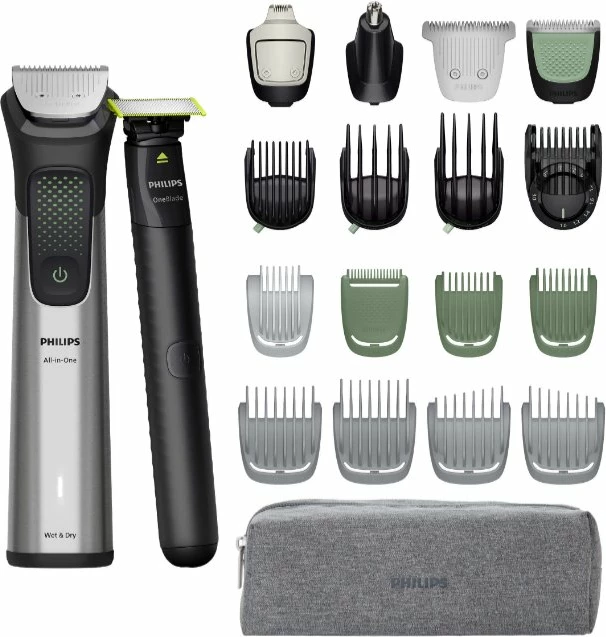 Makinë rroje multifunksionale Philips Multigroom Series 9000 MG9557/15, pa kabllo 120 min, wet & dry, e larshme, me lock udhëtimi + indikator karikimi, argjend/gri, me çantë udhëtimi + furçë