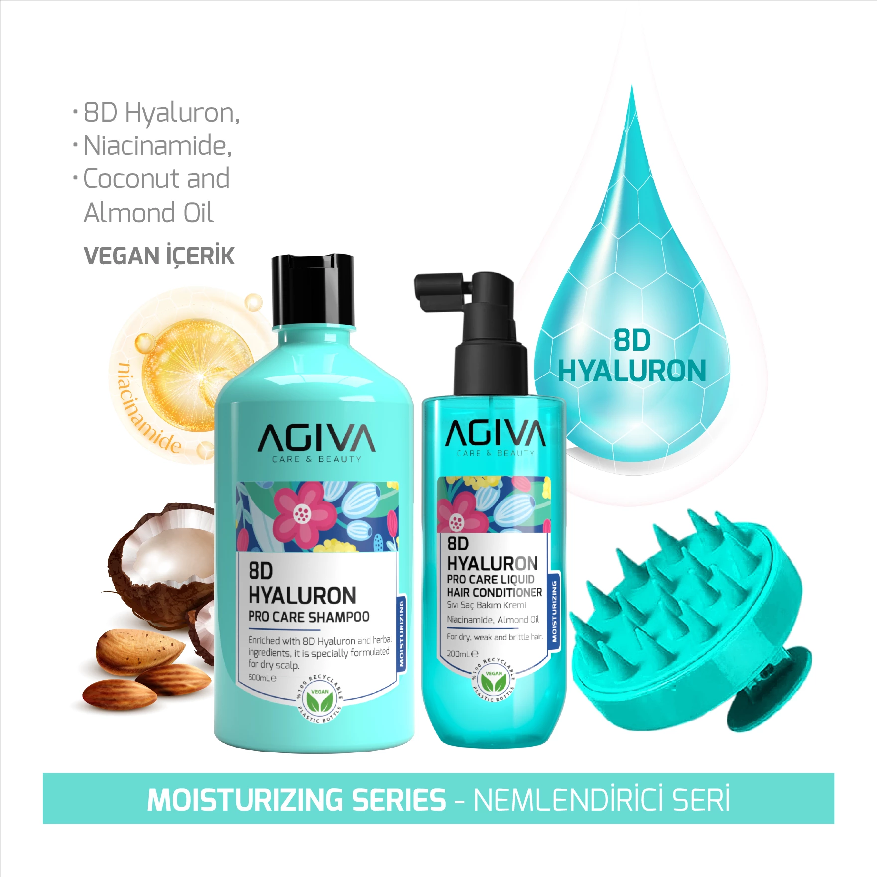 Set 3 pjesësh Pro Care Set Agiva 8D Hialuron  (Shampon 500 ml+ Kondicioner 200 m+ Krehër)