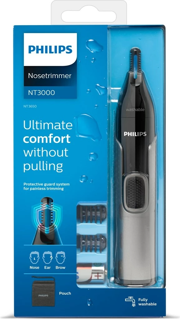 Makinë rroje për hundë/vesh/vetull Philips NT3650/16, me bateri AA, e larshme, Gri, set me 2 krehra + qese