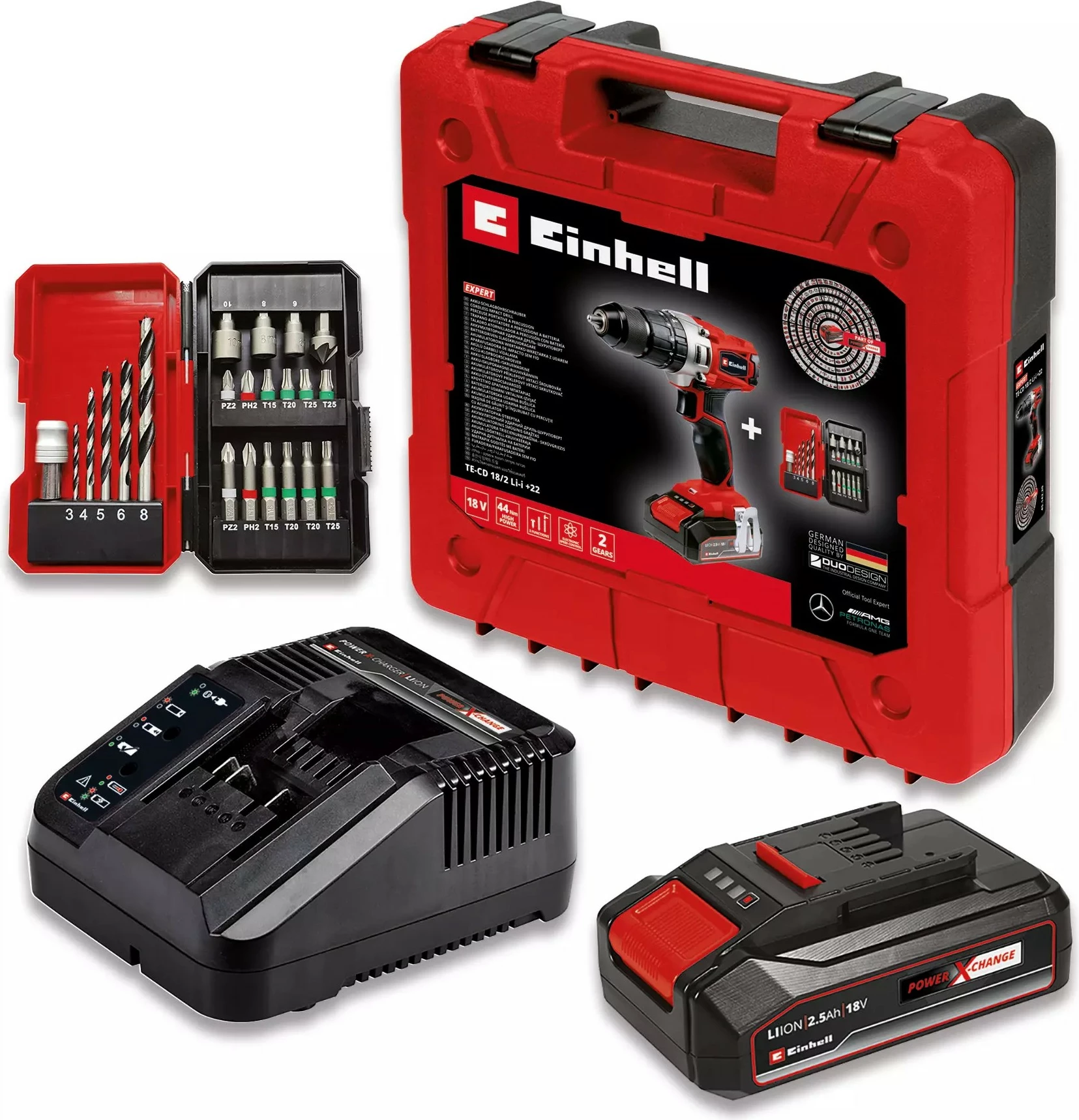 Shurubushe me bateri Einhell TE-CD 18/2 Li 2.5Ah, 18V, e zezë/e kuqe