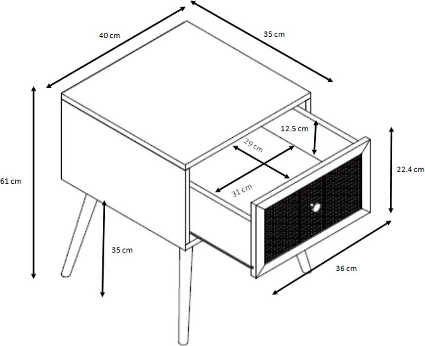 Komodinë natyrale me sirtar dhe ratan, AMMOS, 40x35x61