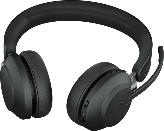 Kufje me mikrofon Jabra Evolve2 65 UC, stereo on-ear, pa tela, rreze 30m, bateri 37h, kabllo 1m, e zezë