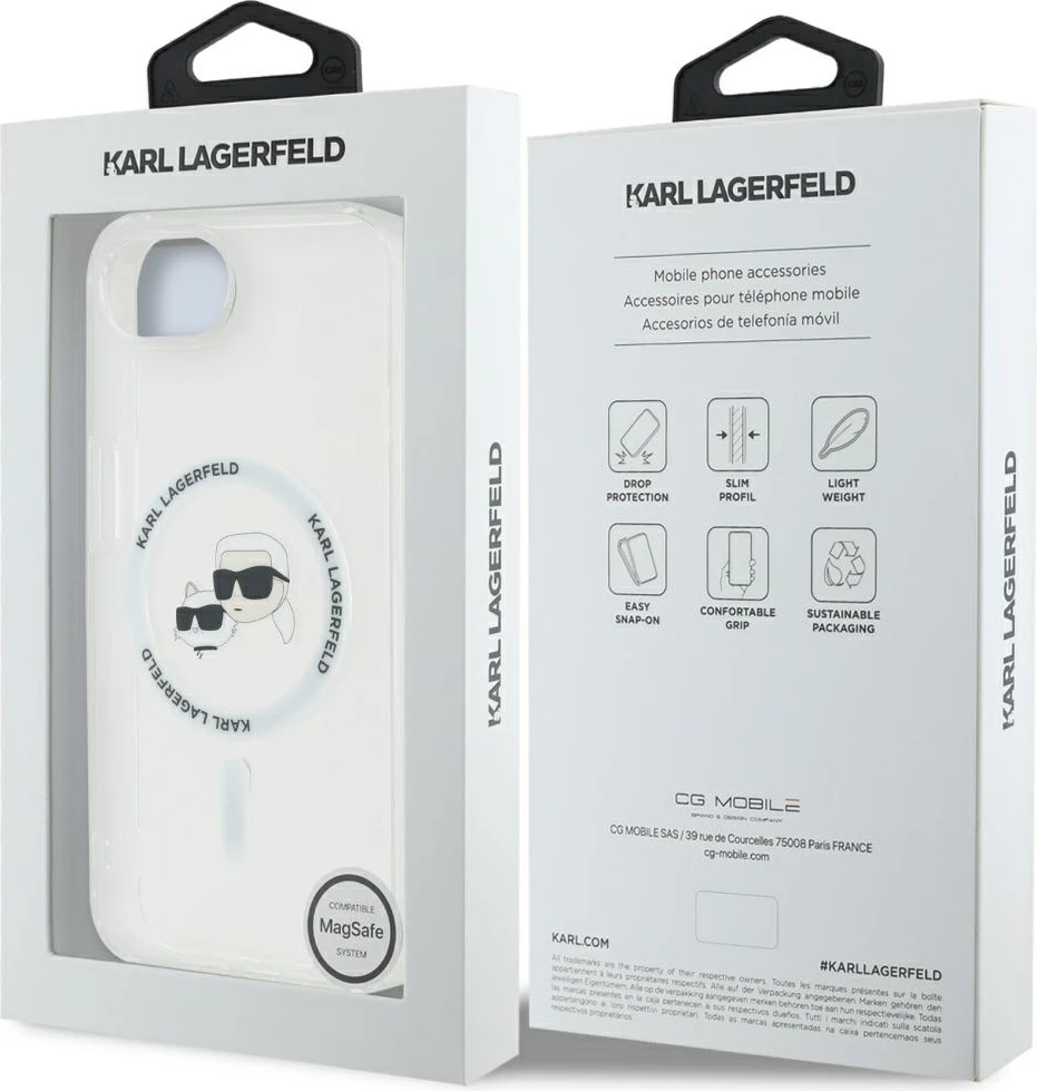 Mbështjellës Karl Lagerfeld IML Metal Karl & Choupette Heads MagSafe për iPhone 16e, Bardhë