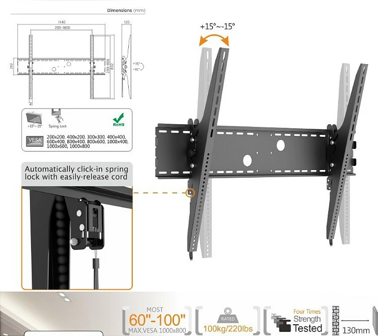 Mbajtëse muri për TV Equip 60–100 inç, VESA 200x200, deri 100 kg, e zezë