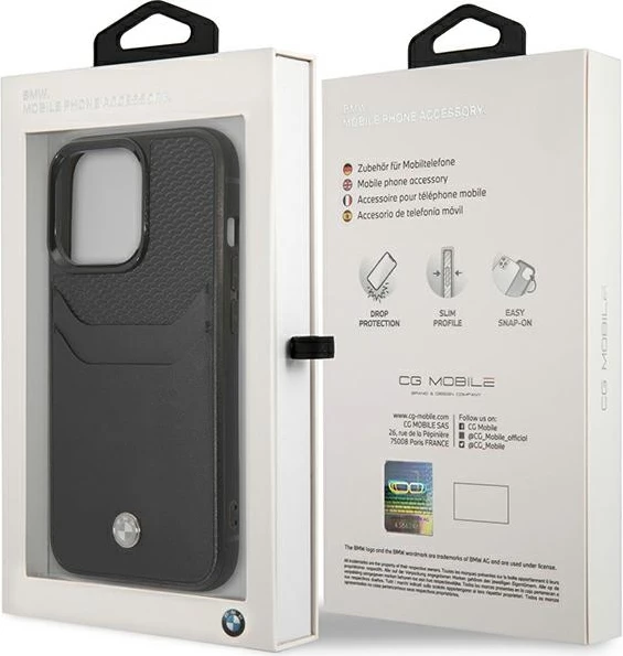 Mbështjellës BMW Leather Card Slot për iPhone 14 Pro 6.1", lëkurë, i zi