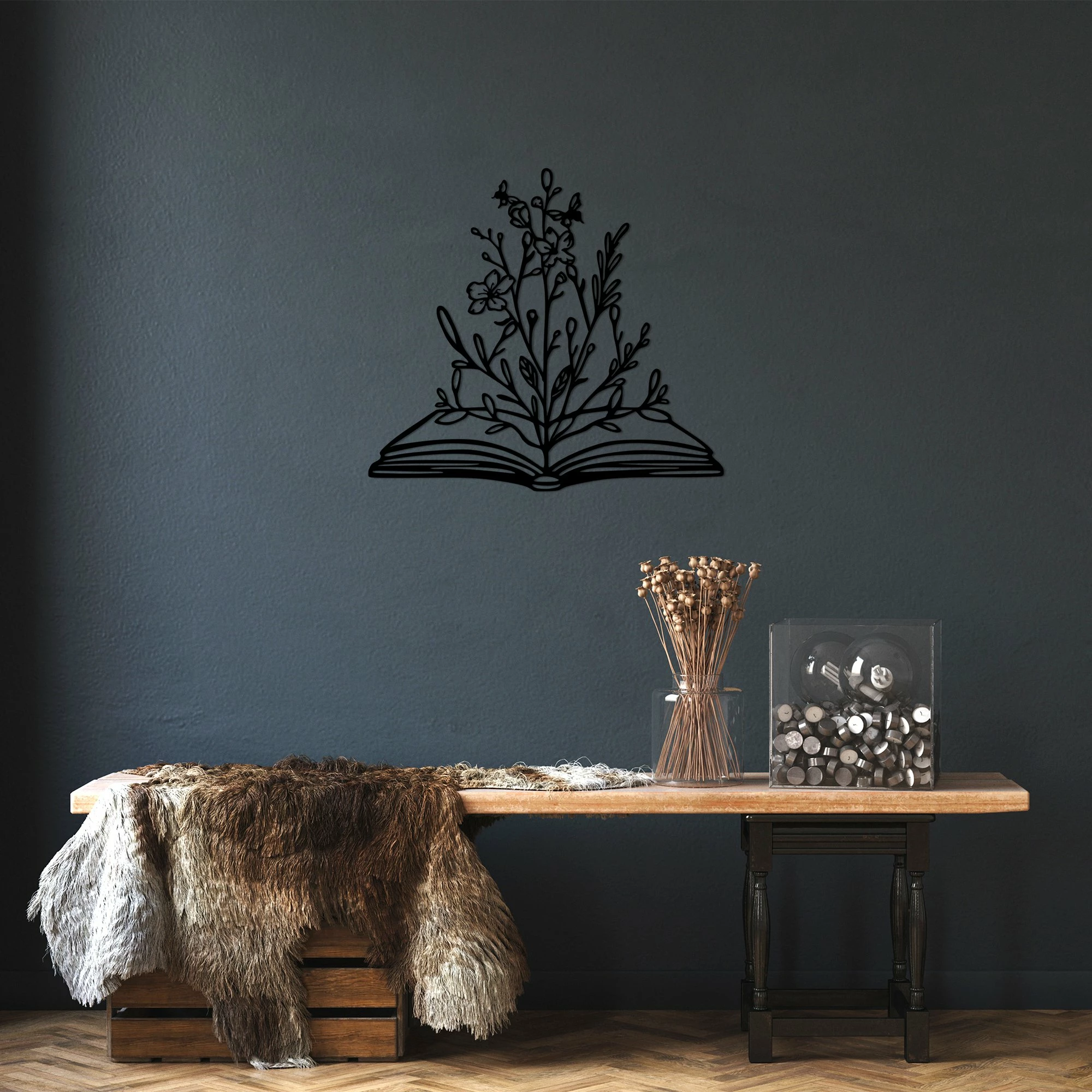 Aksesor dekorativ metalik për mur, lule në libër, Wallity