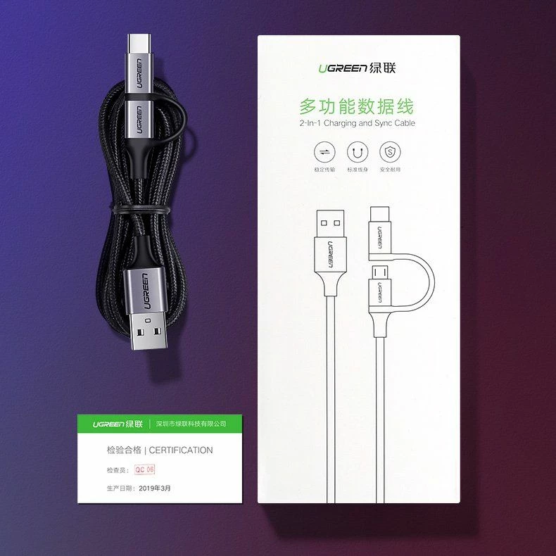 Kabllo USB Ugreen 30875 1 m, USB-A në microUSB + USB-C, 2.4A, e zezë