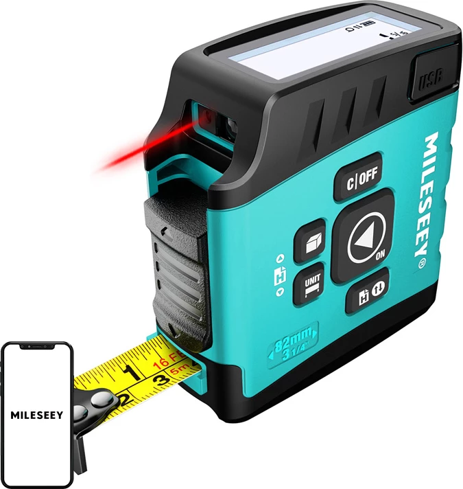 Matës distance me laser Mileseey DT20, laser 0.2-40 m + shirit matës 5 m, ekran LCD me ndriçim, turkez/zezë