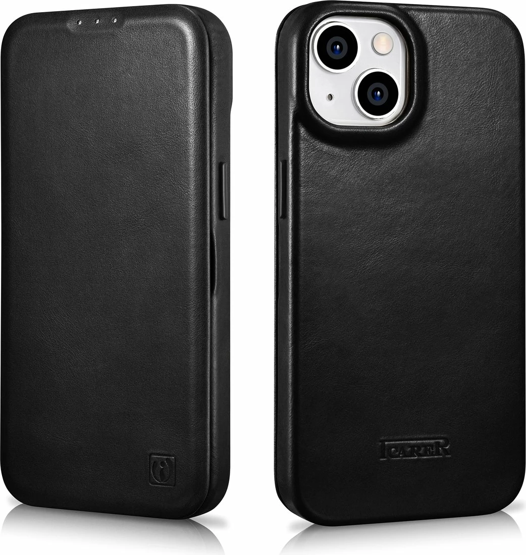 Mbështjellës iCarer Oil Wax Premium Leather Folio për iPhone 14 Plus, MagSafe, i zi