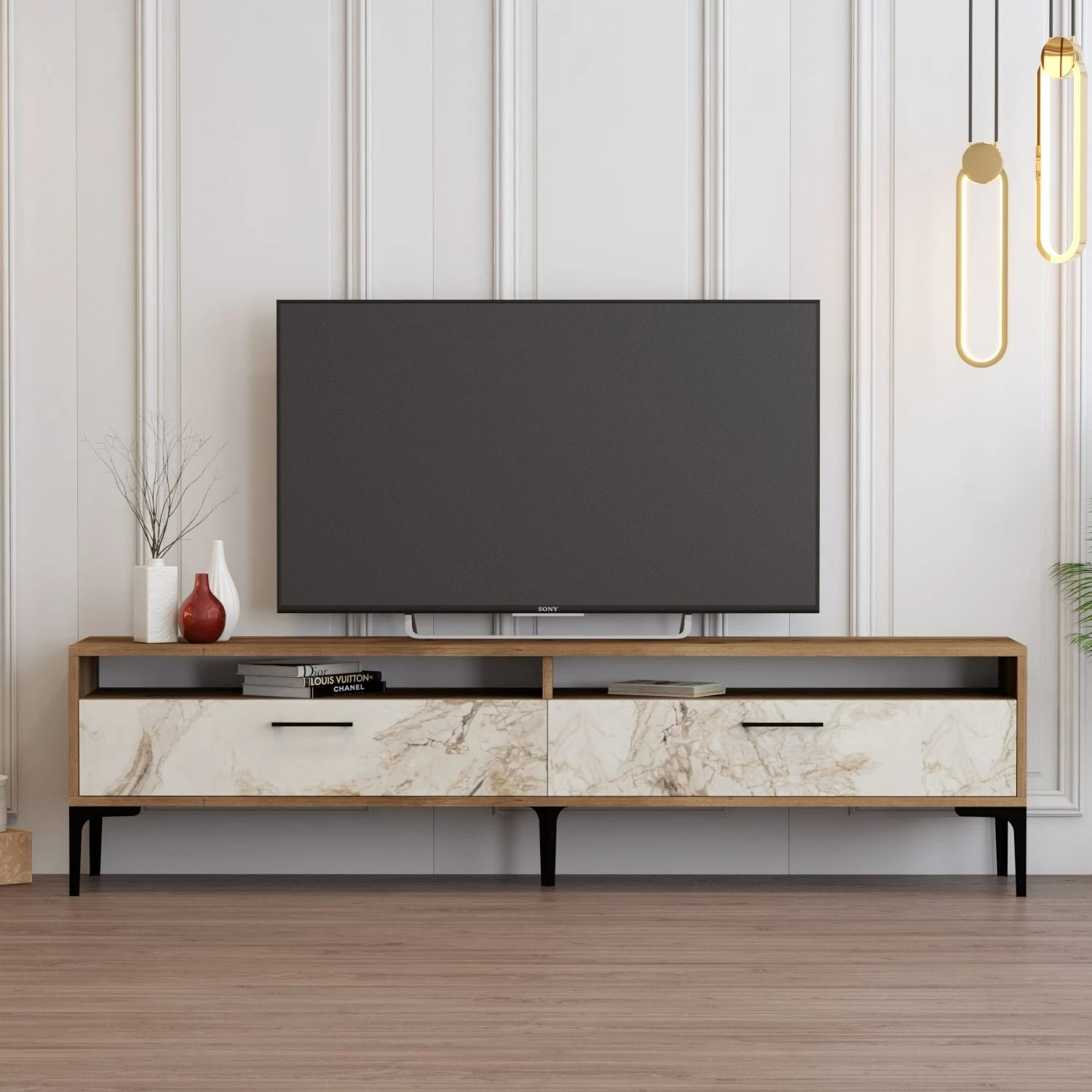 Komodë TV Skye Decor, Istanbul 2, ngjyrë arre dhe mermer i bardhë