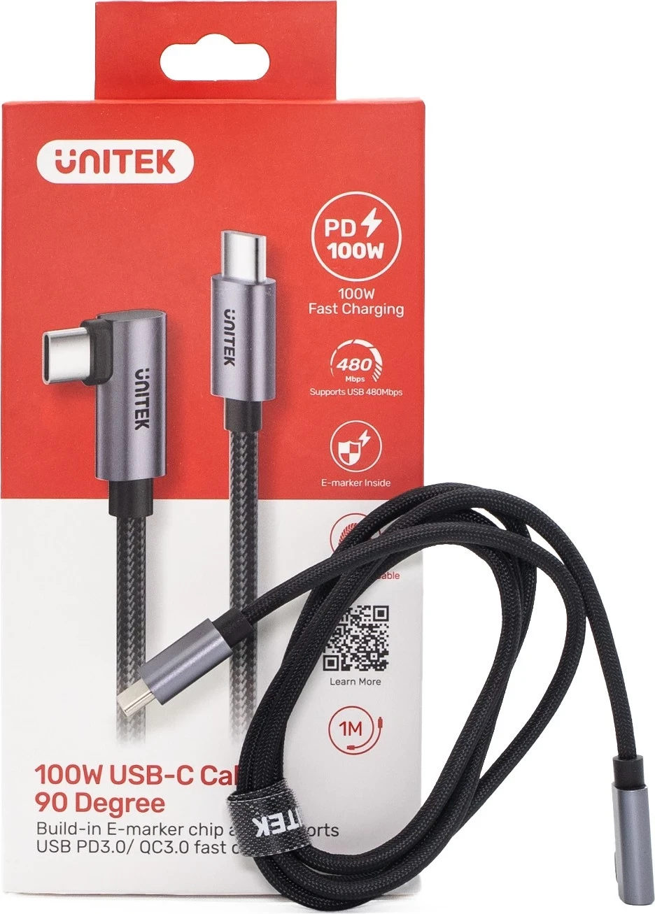 Kabëll USB-C Unitek, 90° PD100W, 1m, zi-gri