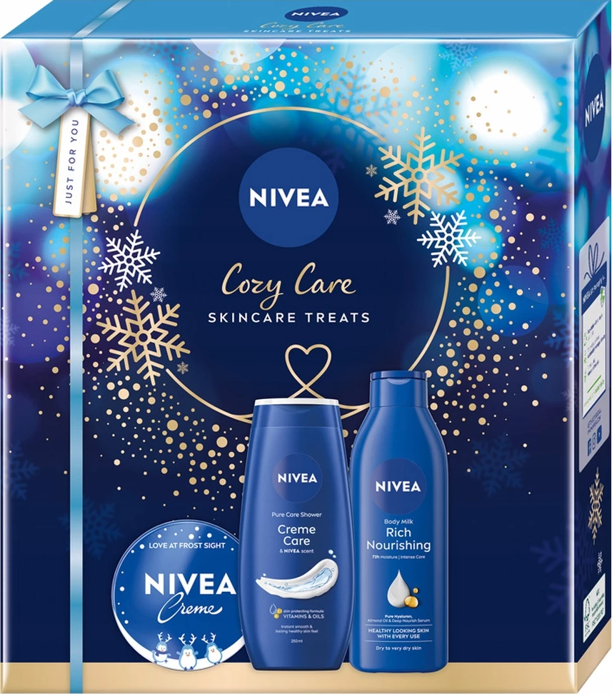 Set për kujdesin e trupit Nivea Cozy Care për femra, Shower Gel 250ml + Body Milk 250ml + Universal Cream 150ml