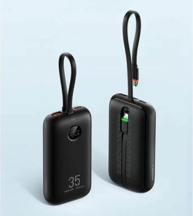 bateri portative (powerbank) VEGER W1188, 10000 mAh, 35 W, kabllo të integrume USB-C/Lightning, e zezë