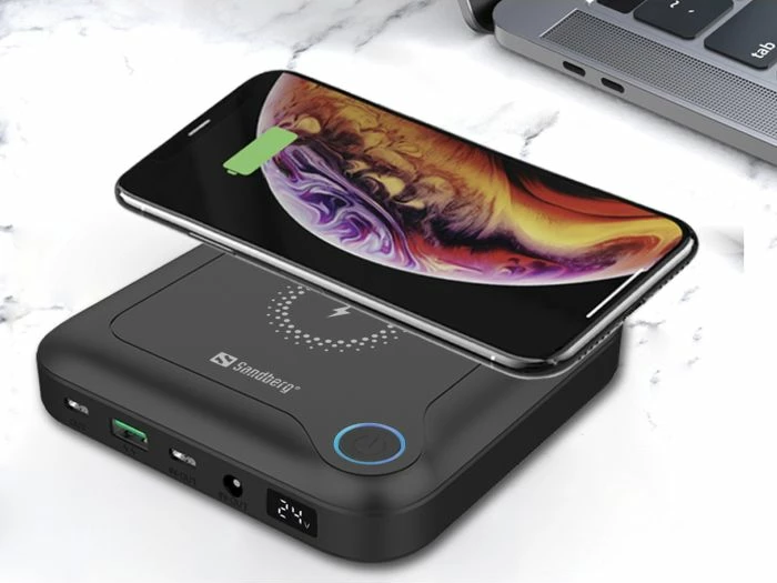 Powerbank SANDBERG All-in1 Laptop 420-57 24000 mAh, USB-C PD/DC, karikim pa tela 10 W, set 12 adapterë, e zezë