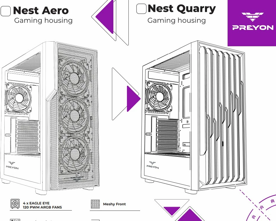 Kasë PREYON Nest Aero ARGB PNA04B Midi Tower, ATX/e-ATX, USB-C, 4x120mm PWM ARGB, e zezë