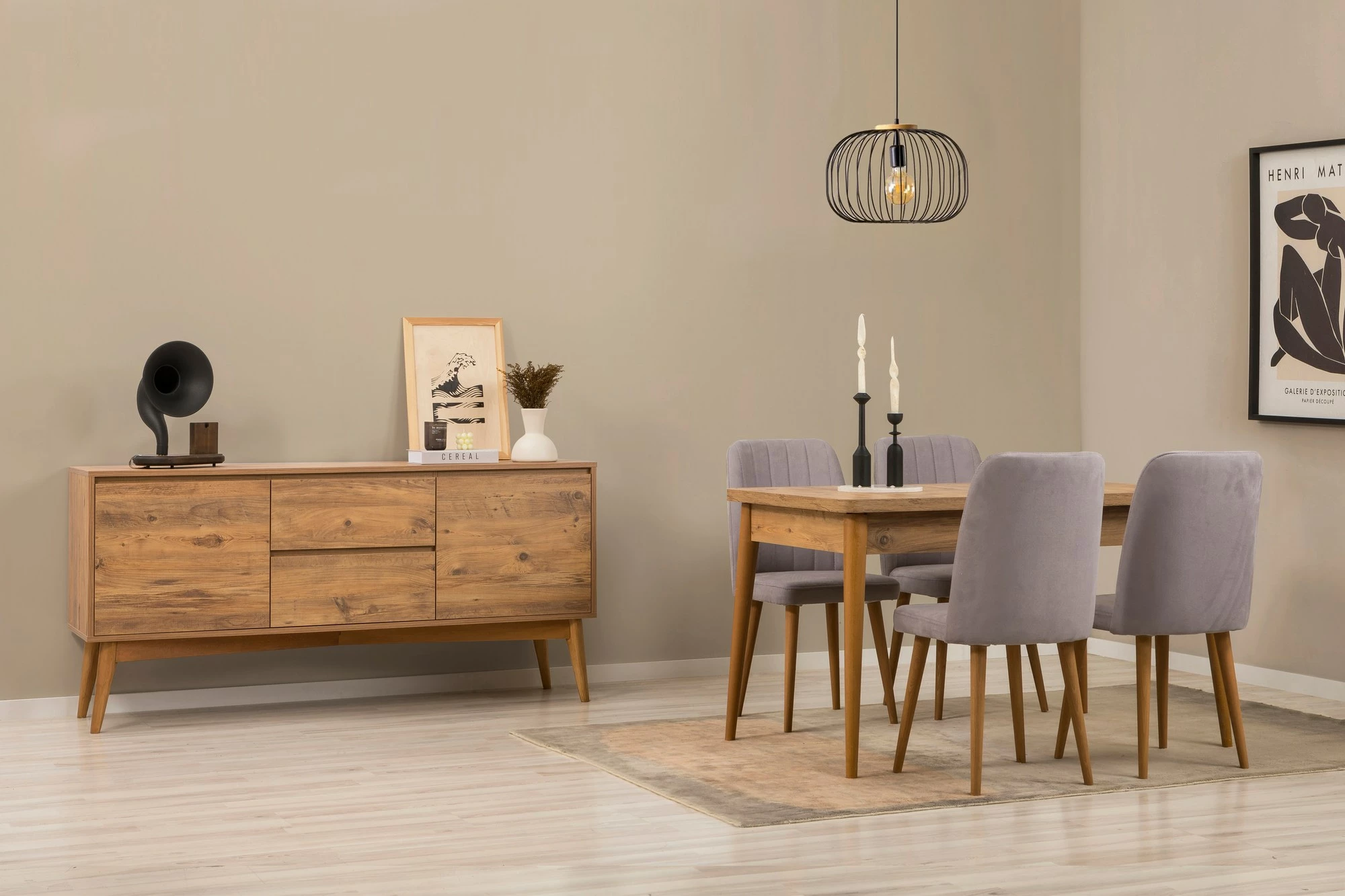 Set tavolinë me karrige dhe konsolë, zgjatues, 6 pjesë, Skye Decor, Vina 01 0701, ngjyrë pishë atlantike, gri