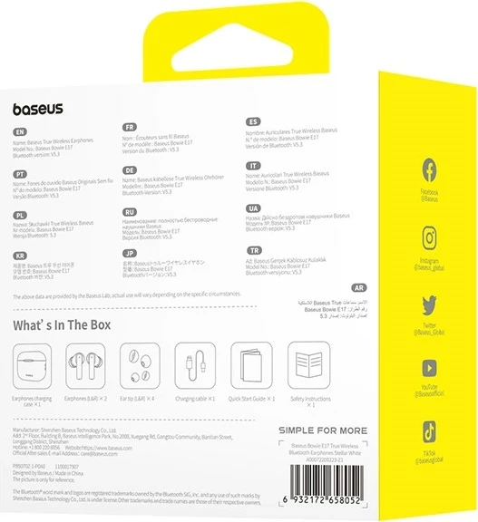 Kufje Baseus Bowie E17, True Wireless Stereo (TWS), Bluetooth, Bardhë