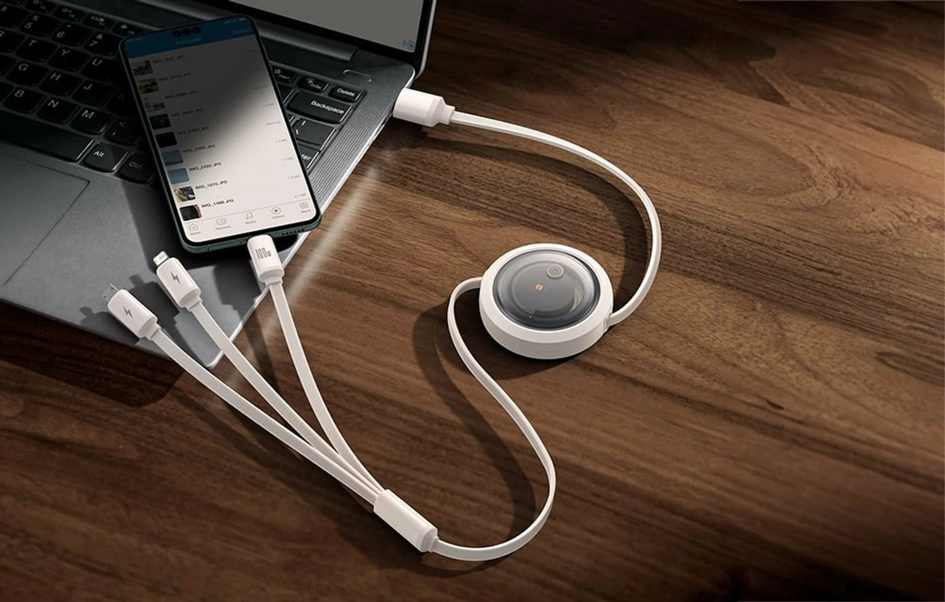 Kabllo USB-A në USB-C + microUSB + Lightning Baseus Free2Draw 1.1 m 100W e rrotullueshme White