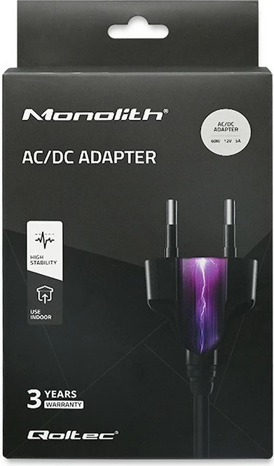 Adapter rryme AC/DC, Qoltec, 50799, 60W 12V 5A, konnektor 5.5 x 2.5 mm, e zezë, me kabllo rryme + rrip organizues