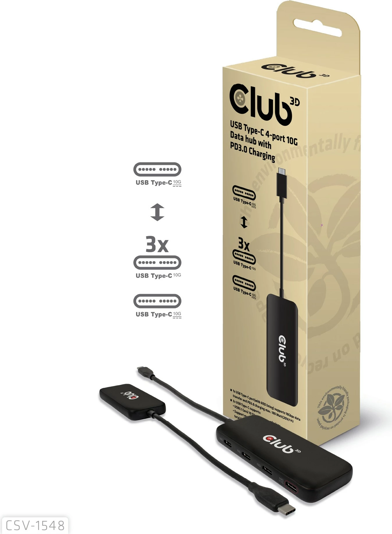 USB-Hub Club3D 4x USB Type-C 10Gbps + 100W PD, i zi