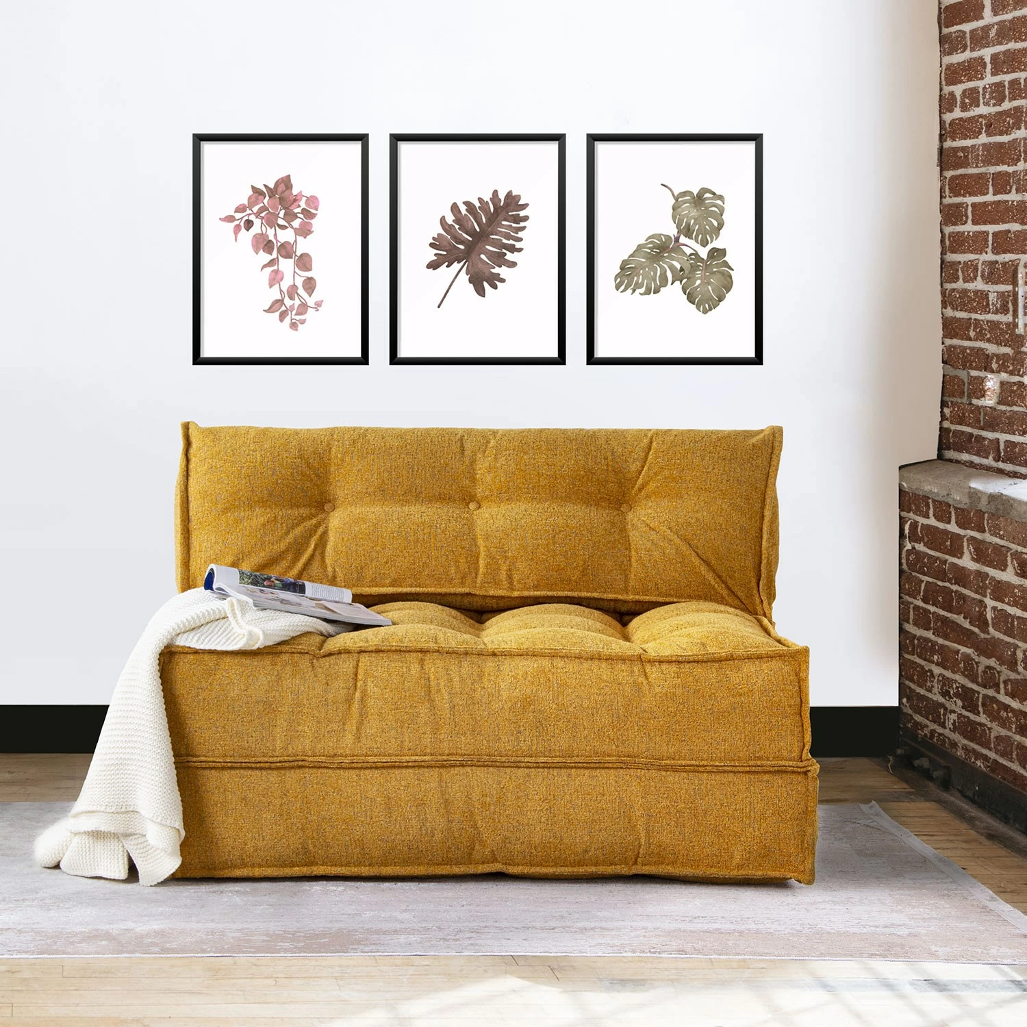 Divan 2-vendësh që shndërrohet në shtrat, stof boucle, ngjyrë mustardë, Atelier del Sofa