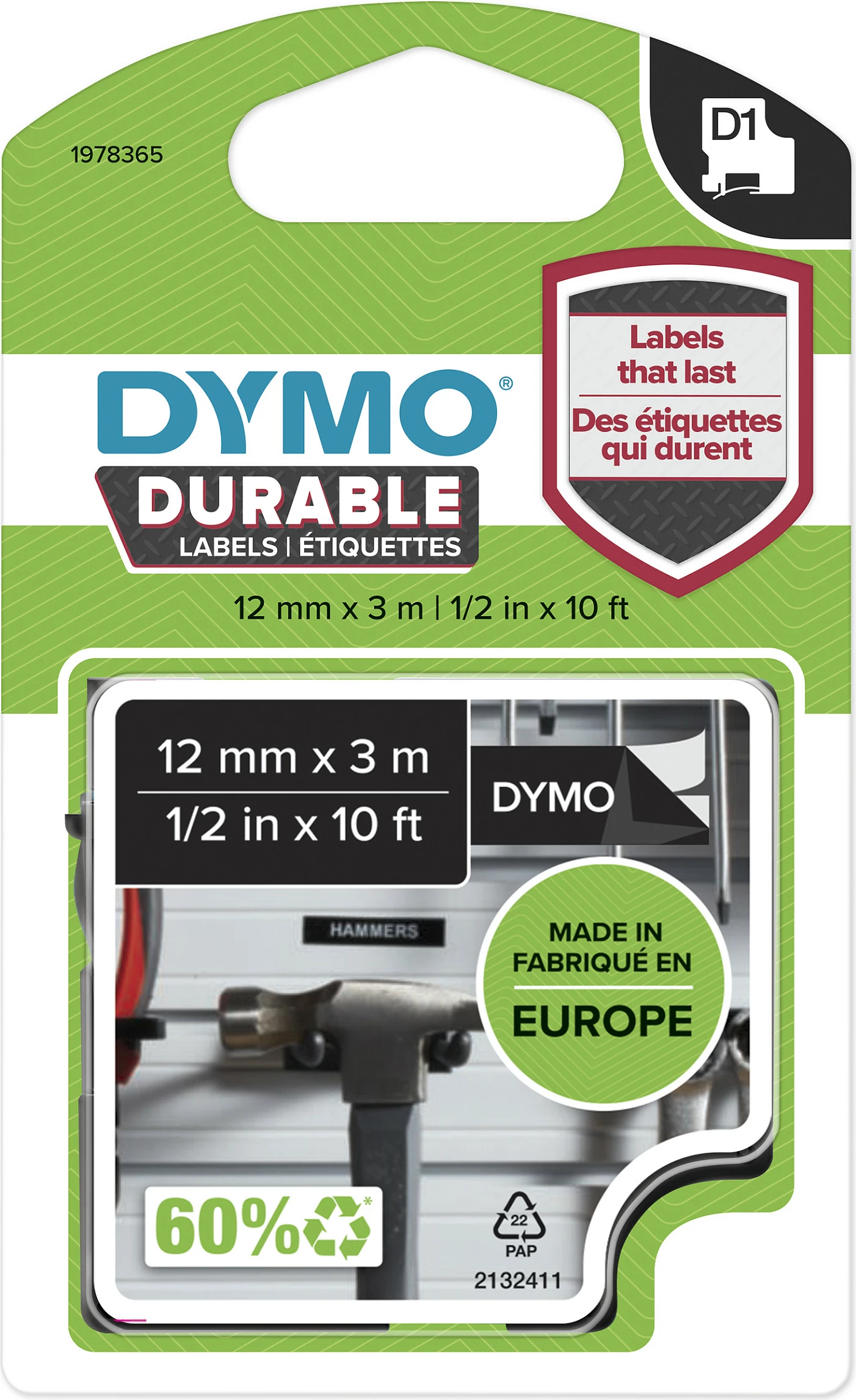 Shirit etikete Dymo D1 Durable Vinyl 12mm x 3m, shkrim i bardhë në të zi
