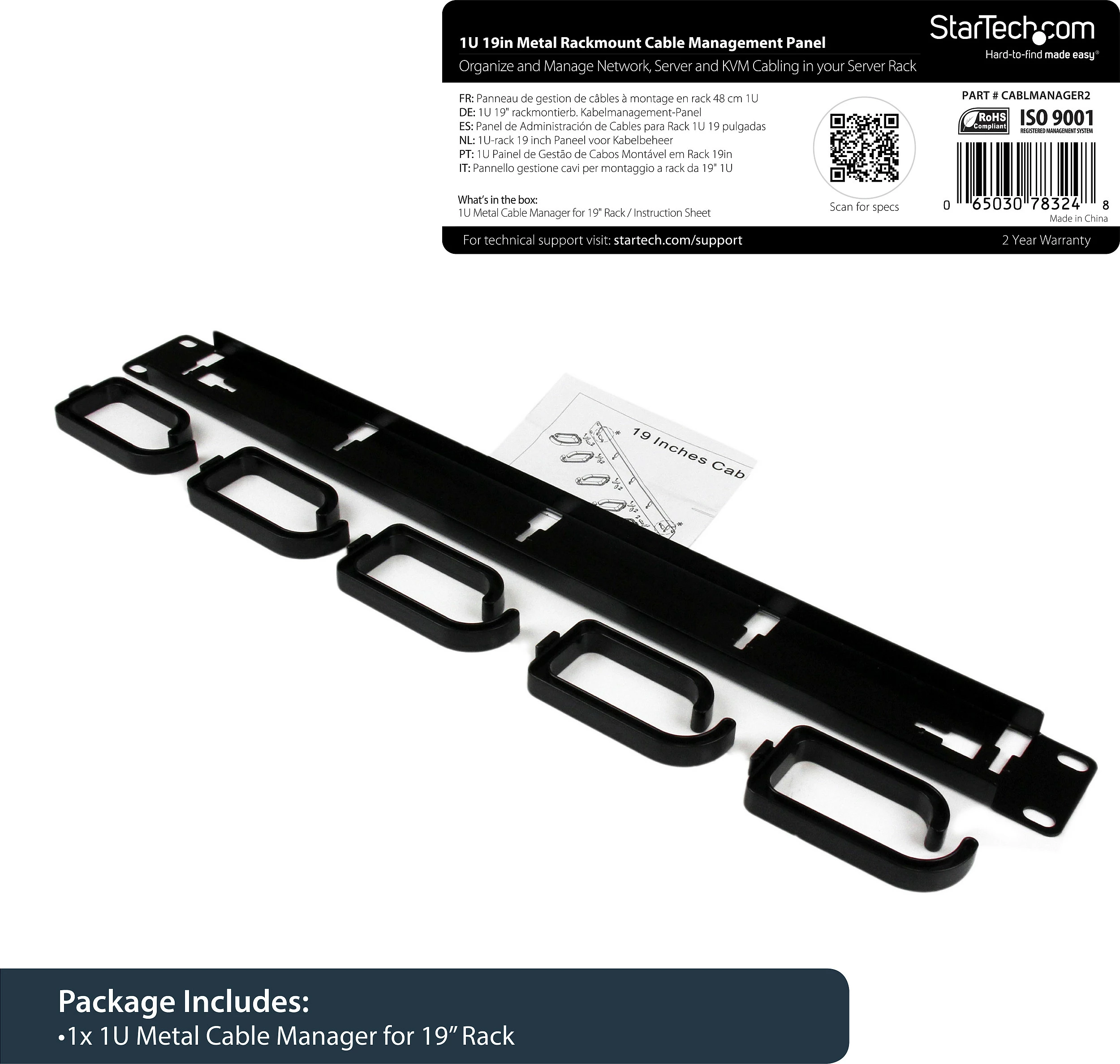 Panel menaxhimi kabllosh për rack StarTech 1U, metal 19", i zi