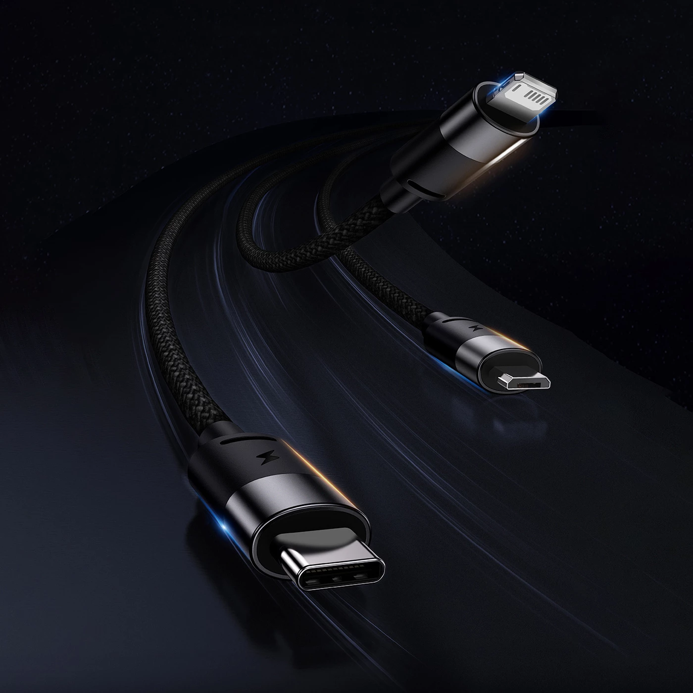 Kabllo 3-në-1 Baseus StarSpeed CAXS000001, 1.2m, USB-A në USB-C/Micro USB/Lightning, e zezë